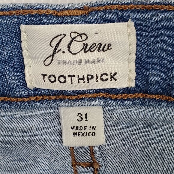 J Crew Size 31 Jeans Toothpick Distressed Mid Rise Skinny Stretch Denim Raw Hem - Picture 7 of 14